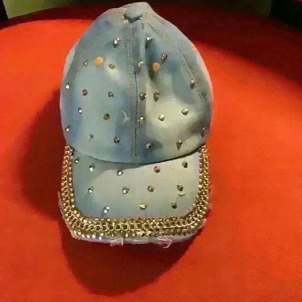 Bling Denim Cap with chain and studs - Picture 1 of 5